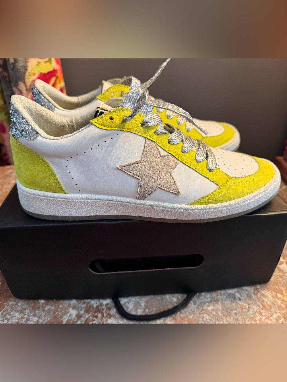 ShuShop Paz White and Lime Women's Sneakers with Star Accent